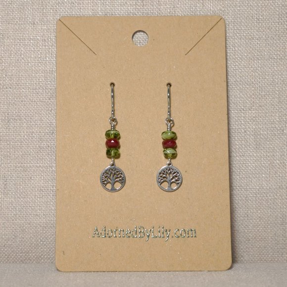 Hand Crafted Handmade Earrings Tree of Life with Red Green Czech Glass B… - Picture 2 of 5